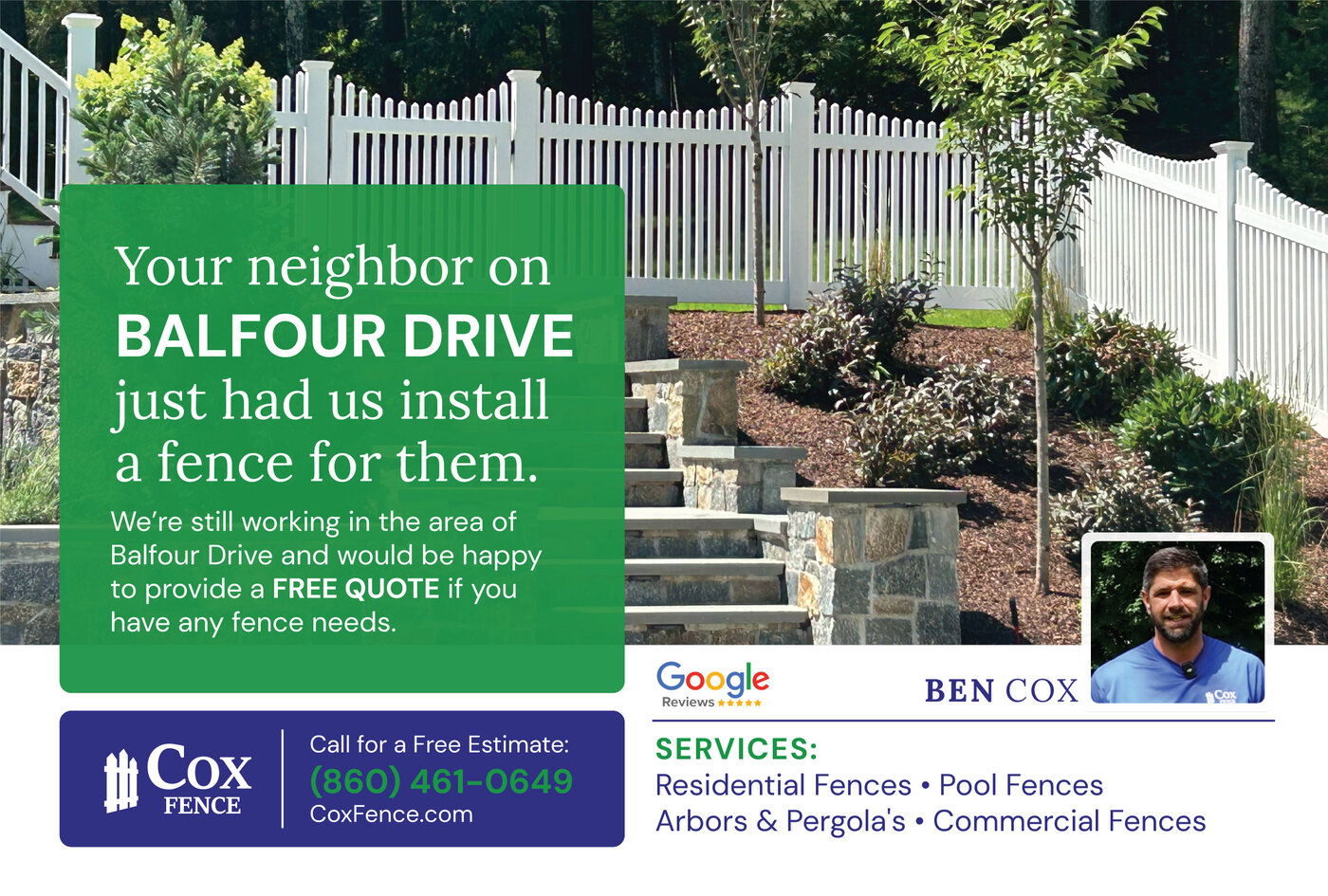 Cox Fence postcard for Balfour Drive