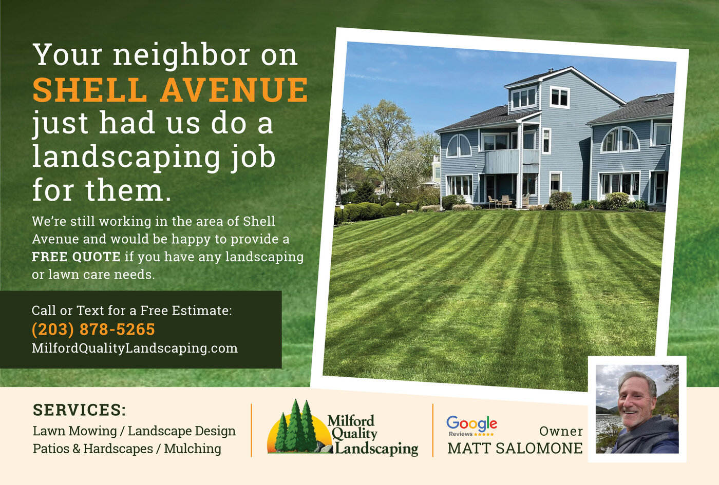 Milford Quality Landscaping postcard for Shell Avenue