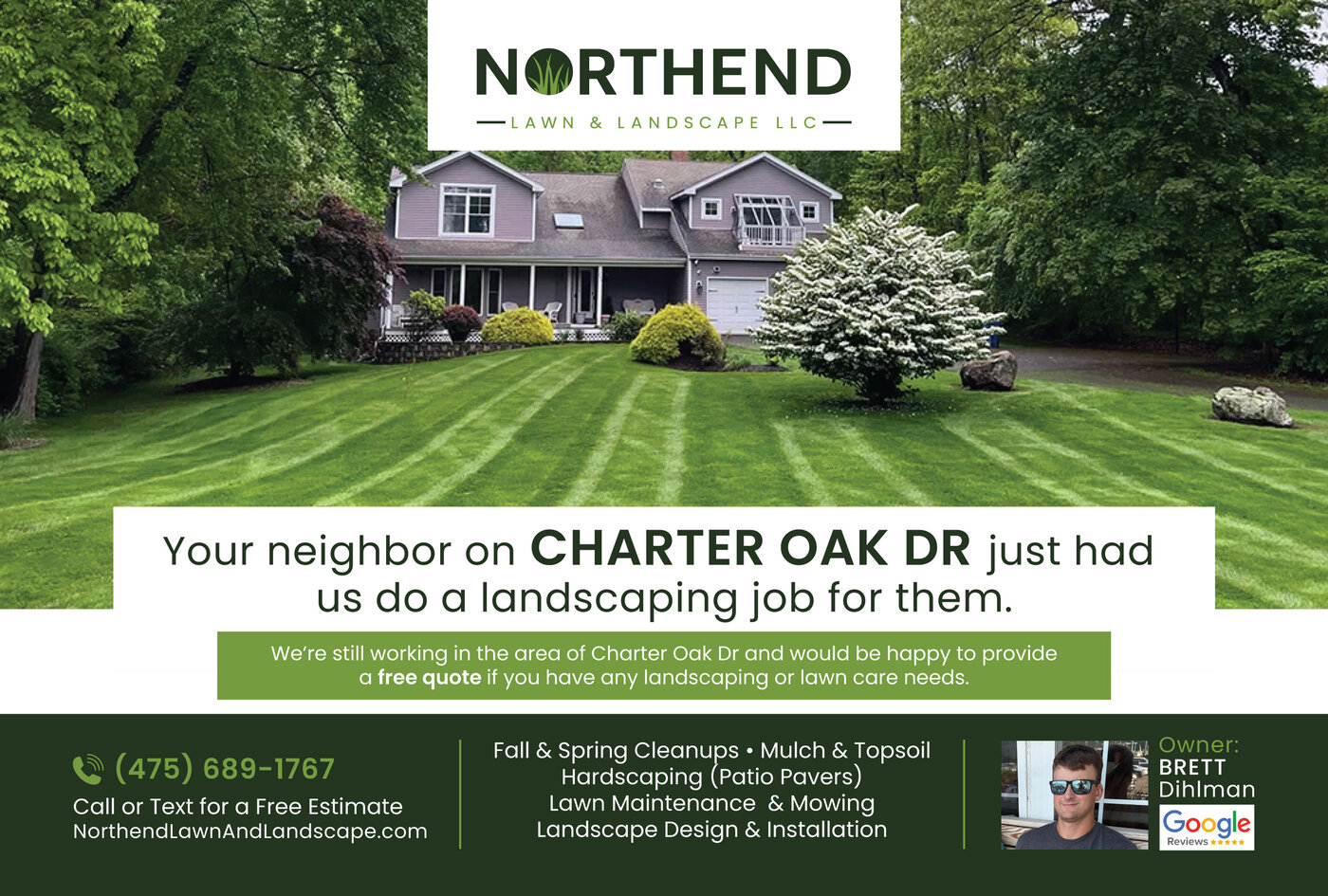 Northend Lawn and Landscape postcard for Charter Oak Drive