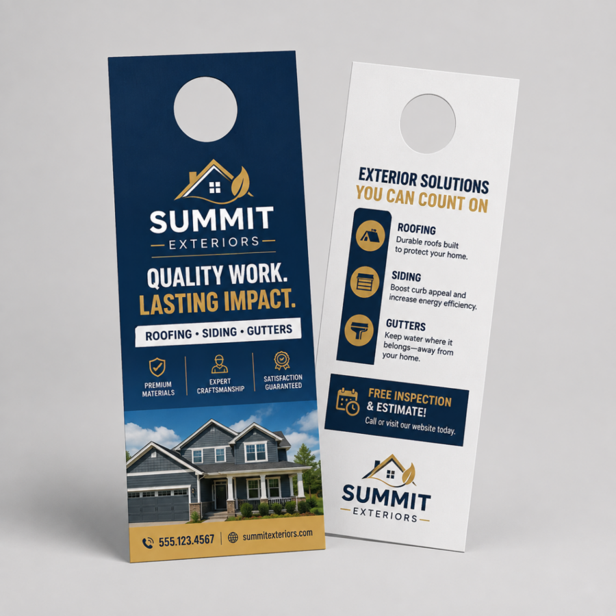 Full-color door hanger hanging on a residential front door handle