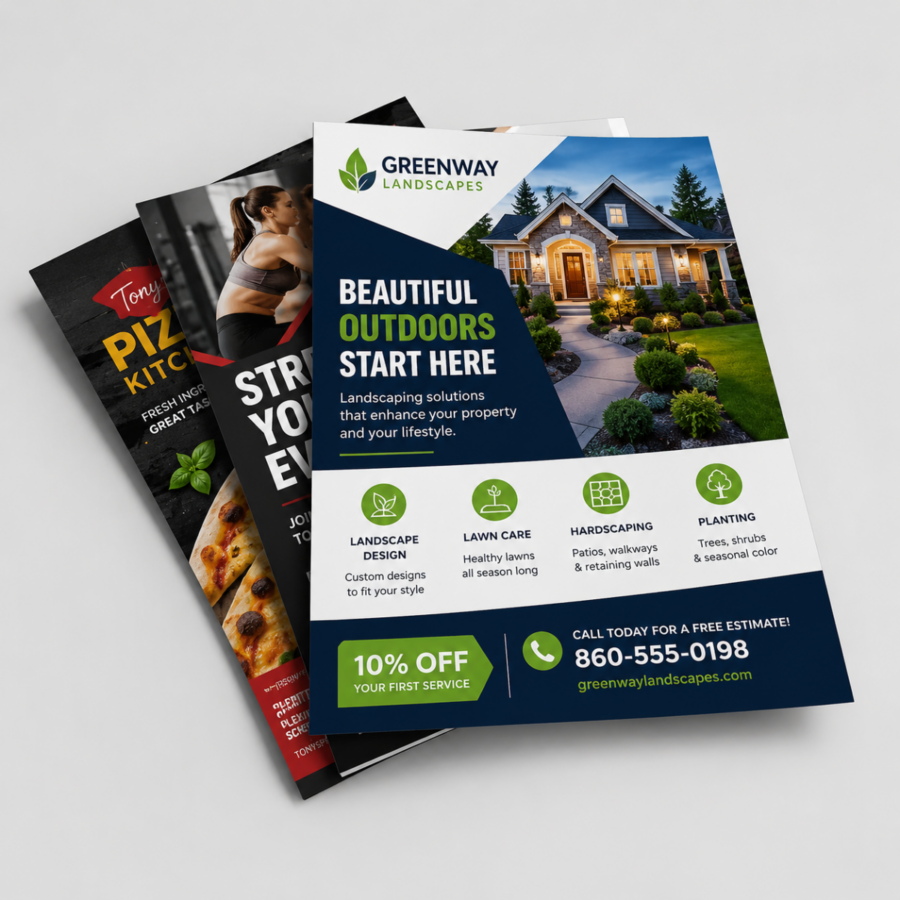 Full-color printed flyers fanned on a surface
